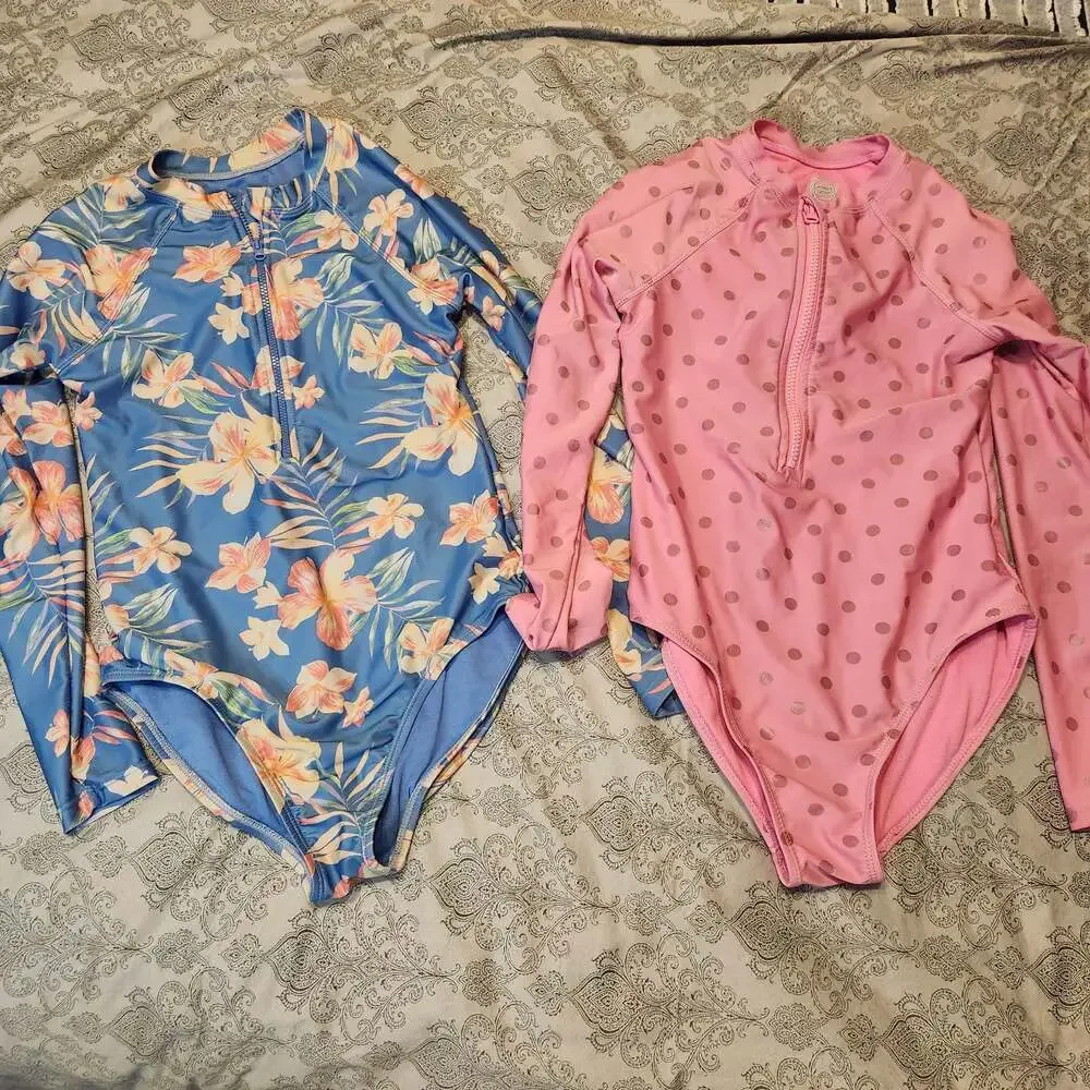 Girls Long Sleeve Zip-Up Rash Guard One Piece Swimsuit Lot of 2